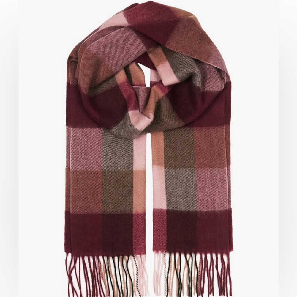 Cashmere Scarf, red plaid, 64” by 12”